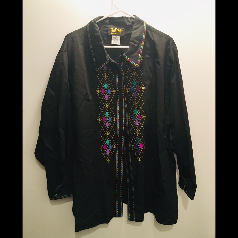Bob Mackie Black Embroidered Button Up Blouse